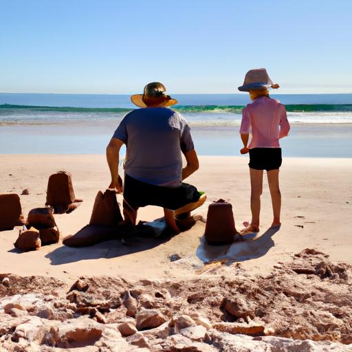 Father and child laughing together while constructing sandcastles, reminiscing about joyful times.